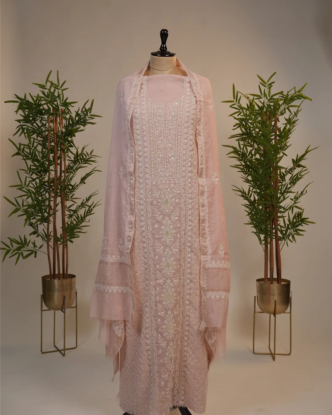 Blush Pink Handcrafted Lucknowi Chikankari Unstitched Ensemble With Dupatta